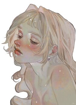 1girl blonde_hair blunt_bangs blush breasts cleavage earrings half-closed_eyes head_tilt highres jewelry kasahara_iji leaning_forward long_hair original out-of-frame_censoring pearl_earrings red_lips sidelocks solo