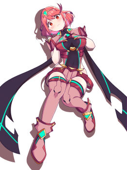 1girl absurdres black_gloves blush bob_cut boots breasts closed_mouth clothing_cutout commentary_request core_crystal_(xenoblade) covered_navel full_body gloves hands_on_own_cheeks hands_on_own_face head_tilt highres hip_vent knees_up large_breasts looking_at_viewer lying on_back pyra_(xenoblade) reason3_s red_boots red_eyes red_hair red_shorts shadow short_hair shorts simple_background solo swept_bangs thigh_boots tiara white_background xenoblade_chronicles_(series) xenoblade_chronicles_2