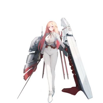 1girl aiguillette artist_request blush breasts capelet flight_deck full_body gloves grey_capelet highres holding holding_sword holding_weapon large_breasts laurel_crown long_hair long_sleeves looking_at_viewer official_art pants pink_hair purple_eyes red_gloves rigging shirt shoes solo standing sword transparent_background victorious_(warship_girls_r) warship_girls_r weapon white_pants white_shirt white_shoes