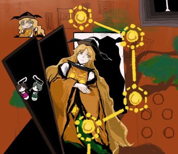 3girls apron black_hat blonde_hair brown_eyes brown_hair closed_eyes closed_mouth collared_shirt constellation constellation_print detached_sleeves dress green_dress green_hair green_skirt hand_up hat highres lei_niao3375 long_hair long_sleeves looking_afar matara_okina multiple_girls nishida_satono no_mouth open_door orange_background orange_sleeves orange_tabard pink_dress ringed_eyes shirt short_hair_with_long_locks skirt smile tabard teireida_mai touhou very_long_hair waist_apron wavy_hair white_apron white_shirt wide_sleeves