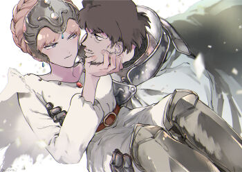 1boy 1girl belt blonde_hair blue_eyes braid brown_belt brown_hair cape carrying closed_mouth commentary_request couple crown_braid dress face-to-face hand_on_another&#039;s_face hetero kaze_no_tani_no_nausicaa kurotowa kushana long_sleeves looking_at_another mechanical_legs princess_carry profile serizawa_nae short_hair smile twitter_username white_cape white_dress