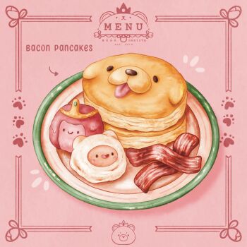 abbey_and_bear adventure_time arrow_(symbol) bacon bear black_eyes character-themed_food finn_the_human food food_focus fried_egg ham highres jake_the_dog menu no_humans notice_lines open_mouth pancake pancake_stack paw_print picture_frame pink_background plate princess_bonnibel_bubblegum simple_background smile solid_oval_eyes tiara tongue