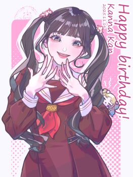 1girl absurdres black_hair blunt_bangs brown_dress character_doll character_name chow_chow commentary_request dated dog doll dress grey_eyes happy_birthday hasu_no_sora_school_uniform highres kan_kanna kirisaki_nuko link!_like!_love_live! lips long_hair long_sleeves looking_at_viewer love_live! neckerchief nesoberi osawa_rurino pleated_dress red_neckerchief sailor_collar sailor_dress school_uniform solo twintails virtual_youtuber voice_actor voice_actor_connection white_sailor_collar winter_uniform