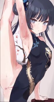 1girl armpits artist_request black_dress blue_archive blush braid braided_bun breasts butterfly_hair_ornament china_dress chinese_clothes coat double_bun dragon_print dress grey_eyes hair_bun hair_ornament jacket kisaki_(blue_archive) looking_at_viewer print_dress pussy sleeveless sleeveless_dress small_breasts split spread_armpit standing standing_on_one_leg standing_split striped_clothes striped_coat striped_jacket sweat twintails vertical-striped_clothes vertical-striped_coat vertical-striped_jacket yomogi_(user_nrmn3823)