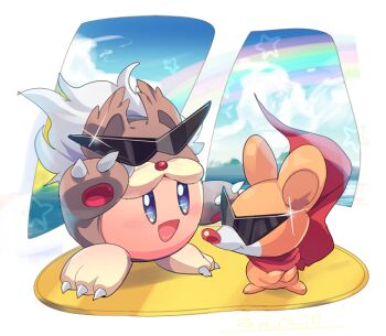 animal animal_costume animal_kirby blue_eyes blue_sky blush_stickers cape closed_mouth clothed_animal cloud colored_skin copy_ability crossed_arms dog_costume eyewear_on_headwear fake_claws floating_cape glasses gleam hand_up happy island kirby kirby_(series) kirby:_squeak_squad komoreg looking_at_another mouse_(animal) nintendo no_humans ocean opaque_glasses open_mouth pink_skin rainbow red_cape sky smile spinni standing star_(symbol) sunglasses triangular_eyewear white_background
