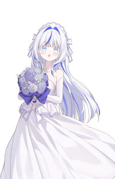 Rule 34 | 1girl, :o, absurdres, aokumo rin, aqua eyes, blue flower, blue rose, blush, bouquet, commentary, dress, elbow gloves, elppi, feet out of frame, flower, gloves, grey hair, hair intakes, highres, holding, holding bouquet, long dress, long hair, looking at viewer, multicolored hair, open mouth, rose, simple background, solo, standing, stellive, strapless, strapless dress, streaked hair, symbol-only commentary, virtual youtuber, wedding dress, white background, white dress, white gloves, white headdress, wispy bangs