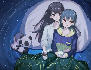 2girls bang_dream! bang_dream!_it&#039;s_mygo!!!!! bean_bag_chair black_hair blanket blue_hoodie brown_eyes chinese_commentary closed_mouth commentary_request couple cup ggxc grey_hair holding holding_cup hood hood_down hoodie jacket long_hair long_sleeves mug multiple_girls open_mouth purple_eyes shiina_taki short_hair stuffed_animal stuffed_panda stuffed_penguin stuffed_toy takamatsu_tomori three-quarter_sleeves under_covers white_jacket yuri