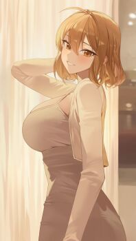 1girl absurdres ahoge alternate_costume anis_(nikke) bllus blush breasts brown_eyes brown_hair commentary_request curtains goddess_of_victory:_nikke hair_between_eyes highres huge_breasts indoors long_sleeves looking_at_viewer short_hair smile solo