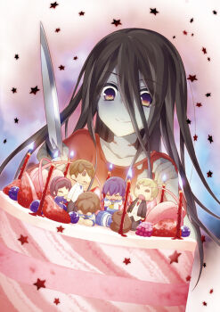 Rule 34 | 2boys, 5girls, artist request, black hair, blonde hair, blue skin, brown hair, bruise, cake, candle, colored skin, corpse party, figure, food, fruit, injury, kishinuma yoshiki, knife, mochida satoshi, mochida yuka, multiple boys, multiple girls, nakashima naomi, official art, purple eyes, shinohara seiko, shinozaki ayumi, shinozaki sachiko, smile, strawberry