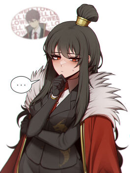 ... 1boy 1girl black_gloves black_hair black_pants black_suit breasts character_name coat coat_on_shoulders collared_shirt dragon_print formal_clothes fur-trimmed_coat fur_trim gloves gold_trim hair_between_eyes hair_bun highres inset jacket library library_of_ruina long_hair long_sleeves lowell_(project_moon) medium_breasts misg1111 necktie pants project_moon red_coat red_eyes red_hair red_necktie shirt simple_background solo_focus speech_bubble spoken_ellipsis suit suit_jacket sweatdrop thinking tie_clip very_long_hair white_background white_shirt xiao_(project_moon)