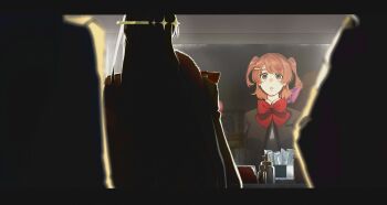 4girls absurdres aijou_karen arms_at_sides artist_name black_hair blurry blurry_foreground bottle bow bowtie breast_pocket brown_eyes brown_hair collared_shirt commentary crown_hair_ornament cup different_reflection disposable_coffee_cup disposable_cup dressing_room epaulettes facing_away fur-trimmed_jacket fur_trim grey_jacket hair_bow hair_ornament hairclip highres indoors isurugi_futaba jacket kagura_hikari ling_(chaaaaanhikari) long_hair long_sleeves looking_at_another mirror multiple_girls open_clothes open_jacket parted_lips pocket purple_bow red_bow red_bowtie red_hair reflection school_uniform seishou_music_academy_uniform shade shirt short_hair shoujo_kageki_revue_starlight solo_focus sparkle_hair_ornament tendou_maya tissue_box two_side_up upper_body white_shirt wide-eyed