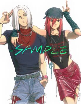 1boy 1girl arm_warmers asymmetrical_skirt bandana belt black_leotard black_shirt blue_hat blue_shirt bracelet breasts brown_eyes chain chain_necklace clothes_writing covered_navel dated deja_vu_(zxmm00310400) denim eyeliner gradient_clothes gradient_shirt green_arm_warmers green_bandana green_belt green_eyes hair_between_eyes hand_up hashtag-only_commentary hat highres hikimayu jeans jewelry kaguya_kimimaro key key_necklace latex_skirt leotard long_hair looking_at_viewer makeup multiple_rings naruto_(classic) naruto_(series) necklace pants red_eyeliner red_hair red_skirt ring sample_watermark shirt short_sleeves simple_background skirt sleeveless sleeveless_shirt small_breasts smile tayuya_(naruto) torn_clothes torn_pants watermark white_background white_hair