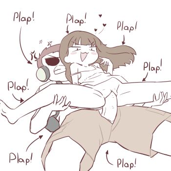 1boy :3 absurdres age_difference anatomy_of_a_gamer_(meme) barefoot blush brown_hair child_gf_(orenji) dress feet headphones highres loli long_hair meme penis plap plap_plap_plap_get_pregnant_(meme) pussy sex sex_from_behind shorts simple_background sitting sitting_on_person skarlet_jewel smile sunglasses uncensored vaginal white_dress