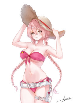1girl amayui_moka arms_up bare_shoulders belt bikini blush braid breasts cammy_white cammy_white_(cosplay) cleavage cosplay front-tie_bikini_top front-tie_top grey_eyes hat highres illus_kiyotaka light_smile long_hair low_twin_braids medium_breasts navel pink_bikini pouch side-tie_bikini_bottom simple_background smile solo stomach strapless strapless_bikini straw_hat sun_hat swimsuit thigh_pouch thigh_strap twin_braids underboob virtual_youtuber vspo! white_background white_belt