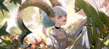 00kashian00 1boy 1girl black_choker blue_hair braid braided_bun breasts choker commentary_request curled_horns enkidu_(fate) fate/grand_order fate_(series) flower forest green_hair hair_bun highres horns kingu_(fate) large_horns larva_tiamat_(fate) larva_tiamat_(first_ascension)_(fate) lens_flare nature open_mouth pointy_ears purple_eyes robe sleeves_past_fingers sleeves_past_wrists small_breasts smile symbol-shaped_pupils tiamat_(fate) white_robe x-shaped_pupils