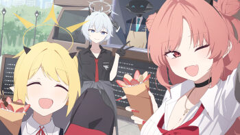 1other 3girls ahoge android_(blue_archive) black_horns black_shirt black_skirt blonde_hair blue_archive blue_eyes blush breasts cardigan cardigan_around_waist cleavage closed_eyes clothes_around_waist collared_shirt crepe demon_horns double_bun erika_(blue_archive) facing_viewer fake_horns fang fingernails food grey_cardigan grey_hair grey_halo hair_between_eyes hair_bun halo highres holding holding_crepe holding_food horns ibuki_(blue_archive) kirara_(blue_archive) large_breasts long_fingernails long_hair looking_at_viewer mikan_battery multiple_girls nail_polish necktie one_eye_closed open_mouth pink_eyes pink_hair pleated_skirt pointy_ears red_nails red_necktie shirt short_hair skin_fang skirt small_breasts smile white_shirt yellow_halo