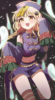 1girl :d blonde_hair blush braid breasts brown_eyes commentary_request crop_top detached_sleeves fangs frilled_sleeves frills fujita_kotone gakuen_idolmaster ghost hair_ornament hat highres idolmaster jiangshi_costume long_hair long_sleeves looking_at_viewer low_twintails mao_xiaozha_(rumiechen) midriff navel ofuda open_mouth purple_hat purple_shirt purple_shoes purple_shorts purple_sleeves qingdai_guanmao shirt shoes short_shorts shorts single_thighhigh skull_hair_ornament sleeves_past_fingers sleeves_past_wrists small_breasts smile solo striped_clothes striped_thighhighs thighhighs twin_braids twintails very_long_hair
