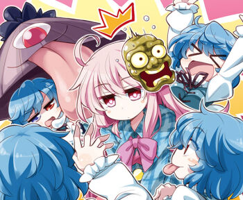 &gt;_&lt; 2girls :d :p ^^^ akaneya blue_eyes blue_hair blush_stickers closed_eyes expressionless eyes_visible_through_hair flying_sweatdrops hata_no_kokoro heterochromia jitome karakasa_obake long_hair mask multiple_girls multiple_persona open_mouth pink_eyes pink_hair plaid_clothes plaid_shirt red_eyes shirt short_hair smile smug surprised tatara_kogasa tongue tongue_out touhou umbrella xd