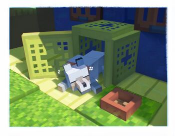 animal animal_focus border closed_eyes commentary dog english_commentary fake_screenshot adversarial_noise grass highres low_poly lying minecraft minecraft_(style) no_humans outdoors ravioli_(raviolicraft) sleeping white_border wolf wolf_(minecraft)