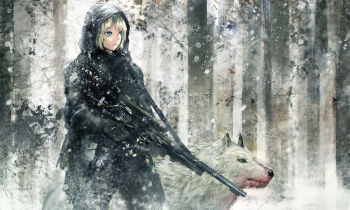 1girl aqua_eyes bad_id bad_nicoseiga_id blonde_hair blood blood_on_face blood_on_mouth female_focus forest gun hood marksman nature original rifle seafh sniper sniper_rifle snow solo weapon wolf