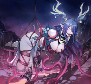 1girl absurdres antler_ornament antlers aqua_dress arms_behind_back ball_gag barefoot bdsm blue_dress bondage bound bound_arms bound_legs code:074 commentary_request deer_antlers deer_girl dress feet gag gagged genshin_impact gold hair_over_one_eye hanging highres horns lauma_(genshin_impact) long_hair pointy_ears purple_hair red_rope reindeer_girl restrained rope shibari shibari_over_clothes tentacles