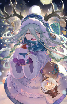 1girl absurdres antlers aqua_hair bird blue_scarf closed_eyes fate/grand_order fate_(series) full_moon highres holding_snowman horns hyaku_eme lantern long_hair louhi_(fate) louhi_(second_ascension)_(fate) mittens moon night purple_mittens scarf sharp_teeth teeth tree woollen_cap