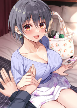 1boy 1girl black_hair blush breasts cellphone cleavage commentary_request ear_piercing floral_print heart heart-shaped_pupils highres ikura_nagisa large_breasts on_bed open_mouth original phone piercing pillow short_hair sitting skirt smartphone solo_focus symbol-shaped_pupils yandere