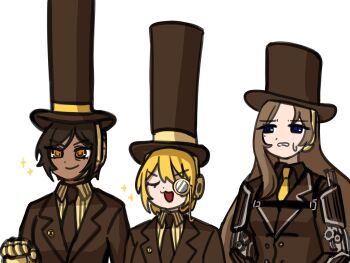 3girls blonde_hair blue_eyes brown_eyes brown_hair brown_hat brown_jacket brown_necktie brown_shirt brown_suit cane closed_eyes commentary dark-skinned_female dark_skin don_quixote_(project_moon) english_commentary formal_clothes gauntlets gears hat highres holster jacket limbus_company long_hair monocle multiple_girls necktie nra_3614 outis_(project_moon) project_moon rodion_(project_moon) shirt short_hair shoulder_holster simple_background sparkle suit sweatdrop t_corp._(identity)_(project_moon) top_hat white_background yellow_necktie