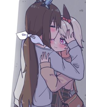 Rule 34 | 2girls, absurdres, admire vega (umamusume), animal ears, bag, blush, brown hair, brown shirt, closed eyes, closed mouth, commentary request, curren chan (umamusume), grey hair, grey sweater, hand on another's back, hand on another's head, handbag, highres, horse ears, jin (jinkwon1147), kiss, kissing forehead, korean commentary, long hair, long sleeves, mixed-language commentary, multiple girls, pink eyes, shirt, short hair, smile, sweater, umamusume, yuri