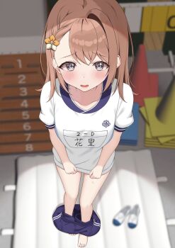 Rule 34 | 1girl, barefoot, blue shorts, blurry, blurry background, blush, braid, breasts, brown hair, charl2837, clothes pull, commentary request, depth of field, flower, from above, grey eyes, gym shirt, gym shorts, gym storeroom, gym uniform, hair behind ear, hair flower, hair ornament, hanasato minori, highres, indoors, looking at viewer, looking up, mat, medium breasts, name tag, open mouth, project sekai, raised inner eyebrows, shirt, shirt tug, shoes, short sleeves, shorts, shorts pull, side braid, single sidelock, solo, traffic cone, unworn shoes, vaulting horse, white shirt