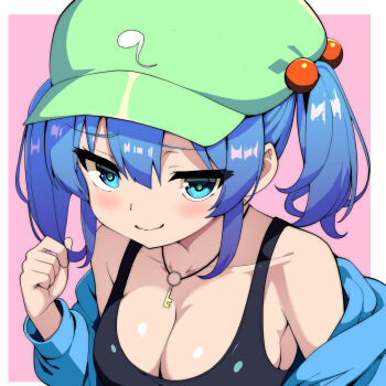 black_tank_top blue_eyes blue_hair blue_jacket breasts cleavage green_hat hair_bobbles hair_ornament hat highres jacket jewelry kawashiro_nitori key key_necklace looking_at_viewer medium_breasts necklace new_kamiyan newsboy_cap smile tank_top touhou twintails