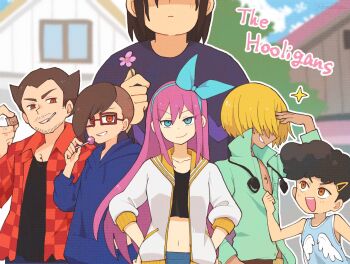 Rule 34 | 3boys, 3girls, angel (omori), asymmetrical hair, aubrey (faraway) (omori), aubrey (omori), bare arms, bare shoulders, black hair, black shirt, blue hairband, blue hoodie, blue sky, blue tank top, bow hairband, breasts, brother and sister, brown hair, candy, charlene (omori), checkered clothes, checkered jacket, chocolate, closed mouth, cloud, collarbone, covered eyes, crop top, cropped shirt, dark-skinned male, dark skin, day, doroidsan, double-parted bangs, facial hair, flower, food, frown, glasses, green jacket, grin, hair behind ear, hair between eyes, hair ornament, hair over eyes, hairband, hairclip, hand on own forehead, hands on own hips, head out of frame, highres, holding, holding candy, holding chocolate, holding flower, holding food, holding lollipop, hood, hood down, hoodie, house, jacket, kim (omori), lollipop, long hair, long sleeves, looking at another, looking at viewer, midriff, mikhael (omori), multiple boys, multiple girls, omori, open clothes, open jacket, orange eyes, orange sailor collar, outdoors, outline, pink flower, pink hair, profile, puffy long sleeves, puffy sleeves, purple shirt, rectangular eyewear, red-framed eyewear, red jacket, sailor collar, shirt, short hair, siblings, sidecut, sidelocks, sideways mouth, sky, small breasts, smile, sparkle, tank top, three-quarter sleeves, tree, undercut, upper body, v-shaped eyebrows, vance (omori), very long hair, white jacket, white outline, window