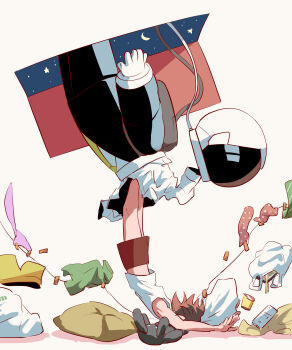 Rule 34 | 1boy, absurdres, avogado6, bag, boxers, brown hair, clothesline, commentary request, crescent moon, cushion, door, falling, helmet, highres, male focus, male underwear, moon, necktie, open door, original, red male underwear, simple background, sky, solo, space, space helmet, spacesuit, star (sky), star (symbol), starry sky, stuffed animal, stuffed rabbit, stuffed toy, tank top, underwear, unworn clothes, unworn headwear, unworn helmet, white background, white tank top