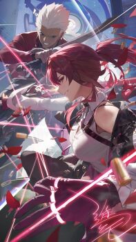 1boy 1girl archer_(fate) archer_(honkai:_star_rail)_(fate) black_jacket chest_harness collared_shirt fate/stay_night fate/unlimited_blade_works fate_(series) floating_hair from_side gloves guest_art harness highres honkai:_star_rail honkai_(series) jacket jewelry kafka_(honkai:_star_rail) long_hair long_sleeves looking_at_viewer modare multiple_rings no_pupils parted_lips purple_eyes purple_gloves purple_hair ring shirt smile white_shirt