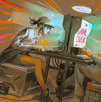 +_+ ... 123456789qaqaqa 1girl 1other absurdres black_hair black_hat black_jacket black_shorts blue_eyes closed_mouth computer computer_keyboard computer_mouse flat_cap food from_side fruit game_over glasses hat hat_ornament highres jacket leaning_forward long_sleeves maque_(xinyue_tongxing) monitor orange_(fruit) playing_games ponytail protected_link round_eyewear screen_light short_hair shorts sitting smile speech_bubble spoken_ellipsis xinyue_tongxing