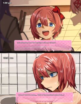 3girls bathing bathtub blue_eyes bow brown_hair brown_jacket character_name chopsticks completely_nude dialogue_box doki_doki_literature_club doki_doki_literature_club_school_uniform english_text fetal_position hair_bow hair_ornament hairclip highres holding holding_chopsticks jacket long_hair multiple_girls mykokampfwagen natsuki_(doki_doki_literature_club) nude open_mouth pink_hair purple_hair red_bow sayori_(doki_doki_literature_club) school_uniform showering teeth tile_wall tiles timestamp upper_teeth_only visual_novel wet yuri_(doki_doki_literature_club)