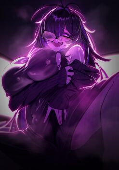 1girl absurdres arms_under_breasts between_legs black-framed_eyewear black_dress black_hair blush breasts cardigan colored_inner_hair commentary_request crazy_smile dress drooling glasses goddess_of_victory:_nikke hair_over_one_eye hand_between_legs heart heart-shaped_pupils highres label_(nikke) large_breasts long_hair looking_at_viewer mole mole_on_breast mouth_drool multicolored_hair neiru2 neon_lights neon_trim purple_eyes purple_hair shiny_skin smile solo steam steaming_body sweat symbol-shaped_pupils taut_clothes taut_dress two-tone_hair