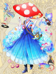 Rule 34 | 1girl, :d, beamed eighth notes, black footwear, blue pill, blue skirt, cat, cross-laced footwear, cup, dairoku ryouhei, drink me, eighth note, facing viewer, gloves, holding pill, instrument, jellyfish, mushroom, mushroom hat, musical note, open mouth, pale skin, petit grande, phonograph, record, red pill, skirt, smile, standing, teacup, teapot, violin, white gloves, yellow background, yuxakuko
