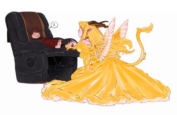 1boy 1girl aatom87 anachronism bare_shoulders blanket blonde_hair brown_hair brown_horns chilchuck_tims choker commentary dress dungeon_meshi english_commentary feathered_wings foot_massage fur_dress fusion horns lion_tail long_dress marcille_donato pointy_ears recliner red_choker sleeping squatting tail winged_lion_(dungeon_meshi) wings yellow_dress zzz