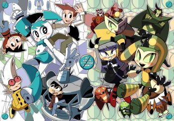 android blue_hair blue_skirt blue_tank_top brad_carbunkle colored_skin green_eyes green_hair green_skirt humanoid_robot jenny_wakeman joints mechanical_hair metal_skin multiple_boys multiple_girls my_life_as_a_teenage_robot queen_vexus robot robot_girl robot_joints rocket_boots screw sheldon_oswald_lee skirt soxy tank_top toon_(style) twintails white_skin