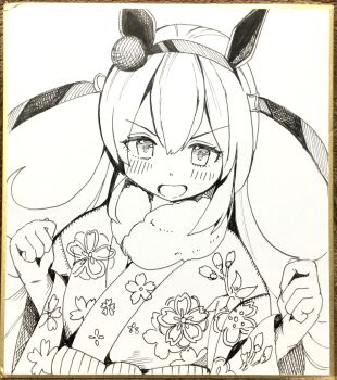 1girl :d animal_ears double-parted_bangs ear_covers floral_print floral_print_kimono fur_collar hair_between_eyes hairband highres horse_ears horse_girl japanese_clothes kimono long_hair long_sleeves looking_at_viewer marker_(medium) open_mouth pen_(medium) print_kimono ribbon shikishi smile solo tamamo_cross_(umamusume) traditional_media umamusume upper_body v-shaped_eyebrows yomean!