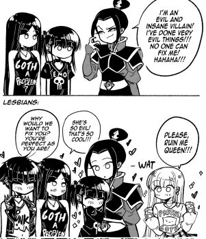 Rule 34 | 5girls, avatar: the last airbender, avatar legends, azula, blush, closed eyes, comic, confused, corrupted twitter file, emo-girl (grs-), emo fashion, english text, goth-girl (grs-), grs-, heart, highres, hug, long hair, multiple girls, original, pastel-goth-girl (grs-), punk, punk-girl (grs-), short hair, skull print, speech bubble, surprised, topknot, yuri