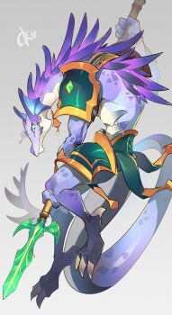 1boy absurdres afk_(series) afk_arena artist_name barefoot claws commentary_request furry furry_male grey_background highres holding holding_polearm holding_weapon lizard_tail looking_at_viewer male_focus okn_369 polearm profile reptile_boy saurus_(afk) tail weapon