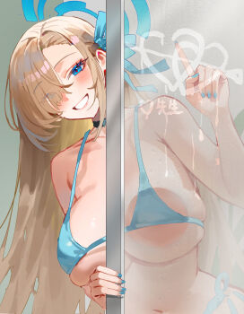 1girl absurdres against_glass arrow_through_heart asuna_(blue_archive) bathroom bikini black_choker blonde_hair blue_archive blue_bikini blue_eyes blue_halo blue_nails breast_press breasts breasts_on_glass choker commentary_request haaakashi halo highres large_breasts long_hair looking_at_viewer navel smile solo stomach swimsuit very_long_hair