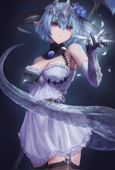 1girl aqua_hair black_gloves black_thighhighs blue_flower breasts dragon_girl dragon_horns dragon_tail dress elbow_gloves filene_(shadowverse) flower gloves hair_between_eyes hair_flower hair_ornament headpiece highres horns ito_t20a medium_breasts open_mouth pointy_ears purple_eyes shadowverse shadowverse:_worlds_beyond short_hair solo strapless strapless_dress tail thighhighs white_dress white_gloves