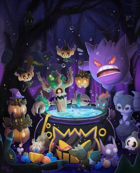 :< alternate_color aqua_eyes artist_name bare_tree berry_(pokemon) bright_pupils brown_eyes bubble candle cauldron closed_mouth clothed_pokemon commentary dusknoir duskull eating english_commentary fangs figy_berry fire floating food fruit gen_1_pokemon gen_2_pokemon gen_3_pokemon gen_4_pokemon gen_5_pokemon gen_6_pokemon gen_7_pokemon gen_8_pokemon gengar golurk grafaiai hat holding holding_food holding_fruit imazartz in_cauldron in_tree indeedee indeedee_(male) legendary_pokemon marshadow murkrow mythical_pokemon night nintendo occa_berry one-eyed open_mouth oran_berry outdoors paint painting_(action) phantump pokemon pokemon_(creature) pokemon_focus pumpkaboo purple_hat sableye shiny_pokemon silk sitting skwovet smoliv spider_web teeth tooth tree trevenant umbreon v-shaped_eyes water white_pupils witch_hat zorua