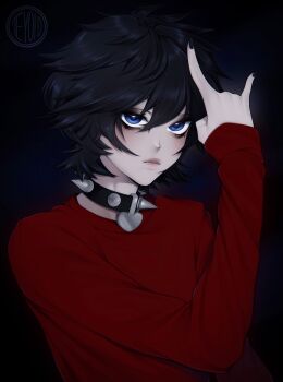 1boy \n/ black_background black_eyeshadow black_hair blue_eyes choker choppy_bangs closed_mouth commentary commission cowboy_shot english_commentary eyeshadow hair_between_eyes hand_up heart heart_choker highres long_sleeves looking_at_viewer makeup male_focus original red_shirt shirt short_hair simple_background solo spiked_choker spikes teyoid