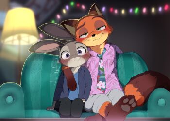 1boy 1girl animal_ears blurry blurry_background commentary_request couch dagasi fox_boy fox_ears fox_tail furry furry_female furry_male green_eyes highres judy_hopps lamp nick_wilde on_couch purple_eyes rabbit_ears rabbit_girl rabbit_tail sitting tail zootopia