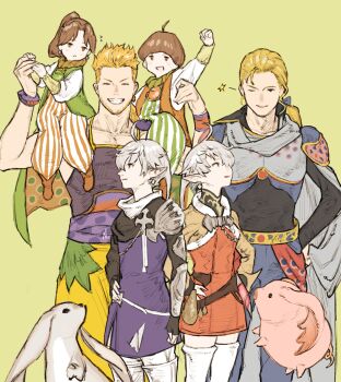 2girls 4boys ahoge alisaie_leveilleur alphinaud_leveilleur angelo_(ff14) bad_id bad_tumblr_id beard blonde_hair brother_and_sister brothers brown_hair carbuncle_(final_fantasy) carrying dissidia_final_fantasy dissidia_final_fantasy_opera_omnia edgar_roni_figaro facial_hair final_fantasy final_fantasy_iv final_fantasy_vi final_fantasy_xiv hand_on_own_hip looking_at_another multiple_boys multiple_girls n122425 one_eye_closed palom pointy_ears ponytail porom sabin_rene_figaro shoulder_carry siblings silver_hair smile standing striped trait_connection twins vertical_stripes