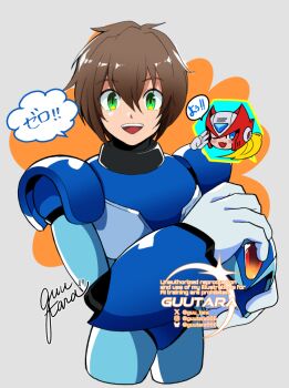 2boys android armor artist_name blue_armor blue_helmet bluesky_logo bluesky_username brown_hair commentary_request cowboy_shot green_eyes grey_background guutara helmet instagram_logo instagram_username male_focus mega_man_(series) mega_man_x_(series) multiple_boys short_hair simple_background solo_focus speech_bubble twitter_username twitter_x_logo unworn_headwear unworn_helmet upper_body watermark x_(mega_man) zero_(mega_man)